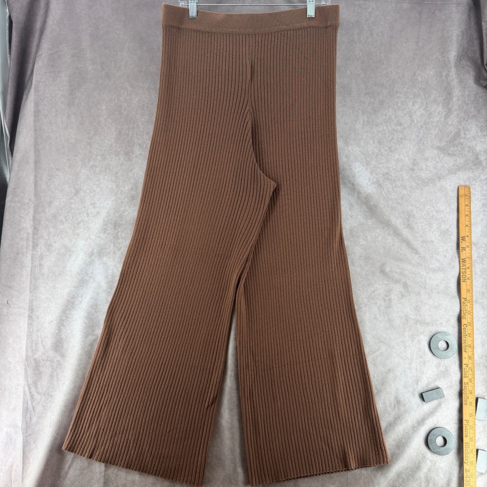 The Drop Womens XL Brown Ribbed Knit Wide Leg High Rise Wool Blend Pants Cozy